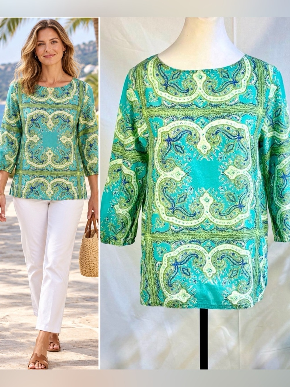 💥Ann Mashburn Turquoise Paisley Scarf Print Cotton Top Sz S💛
